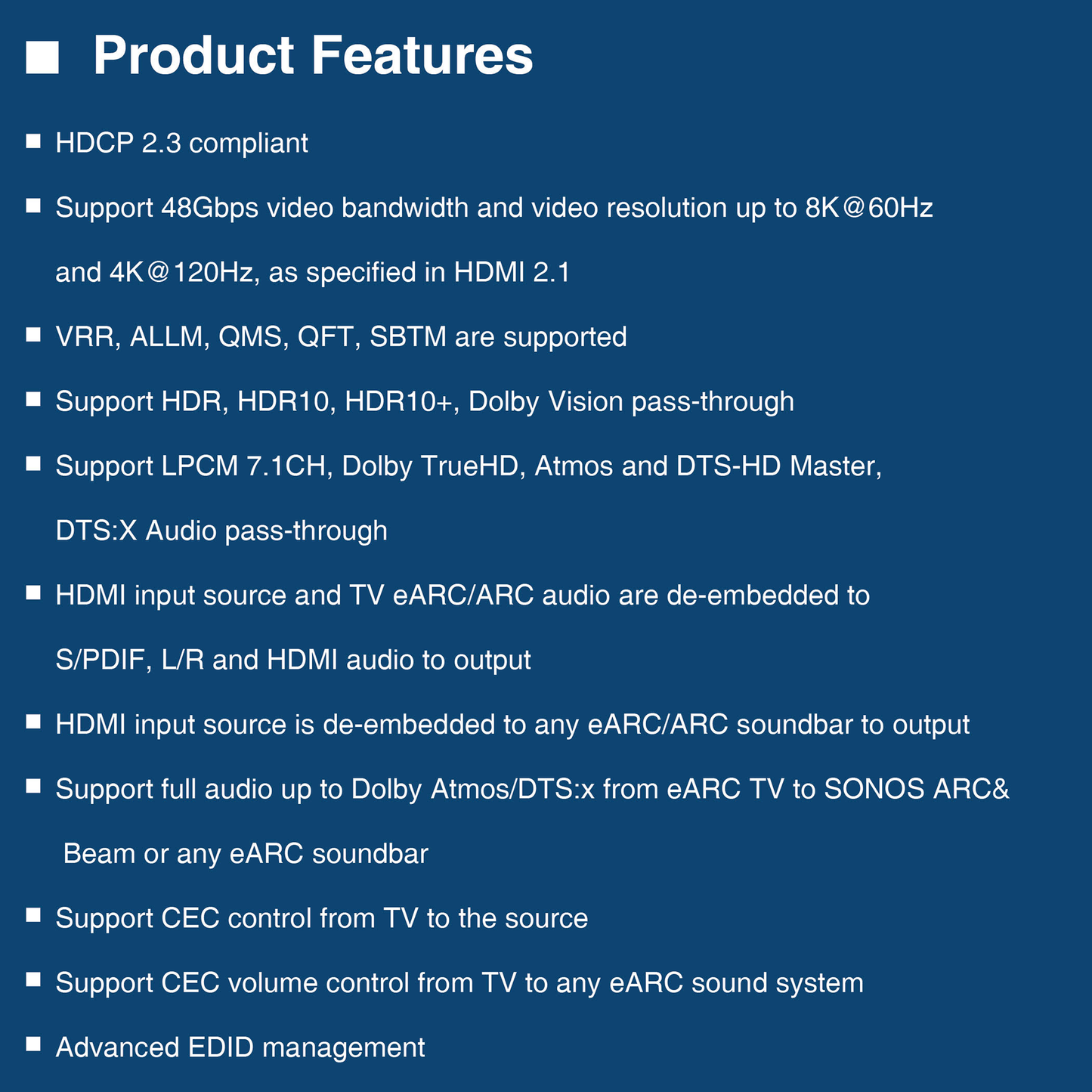 eARC Audio Adapter, 48Gbps Speed, 8K@60Hz Video Resolutions, Dolby Atmos, HDMI 2.1, HDR10+, CEC Control, EDID Management