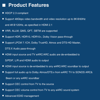 eARC Audio Adapter, 48Gbps Speed, 8K@60Hz Video Resolutions, Dolby Atmos, HDMI 2.1, HDR10+, CEC Control, EDID Management